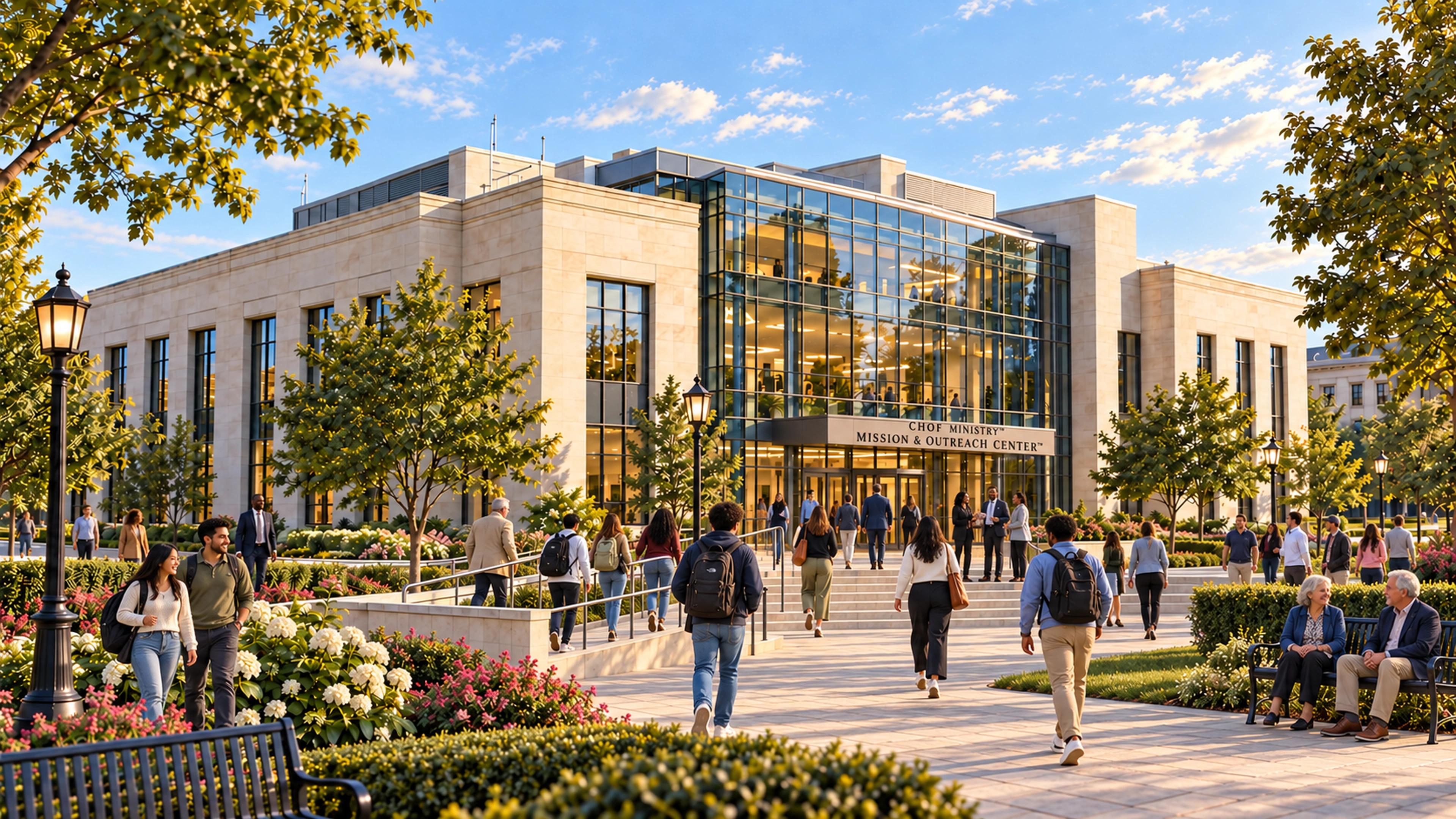 The official contemporary limestone and glass exterior of the Mission and Outreach Center with visitors on its walkways
