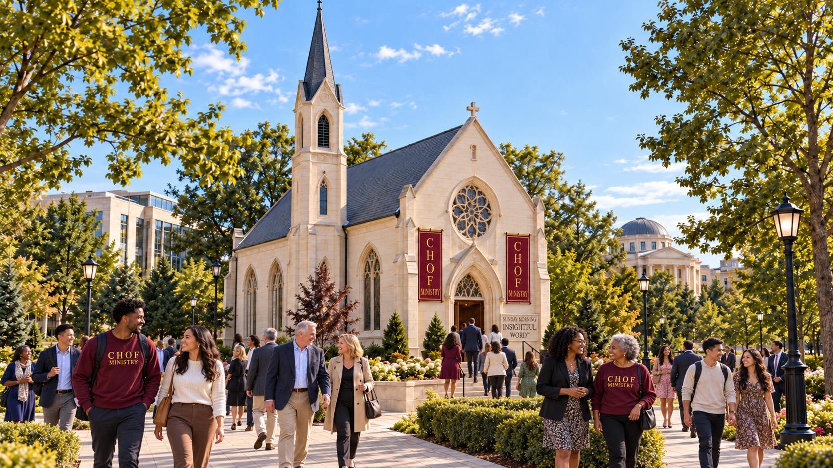 Sunday Morning Insightful Word chapel with cream limestone, C H O F Ministry banners, and visitors on landscaped paths
