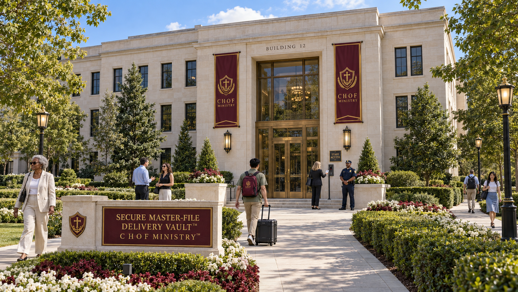 Secure Master-File Delivery Vault with closed doors, staff badge access, a security attendant, and visitors on its landscaped approach
