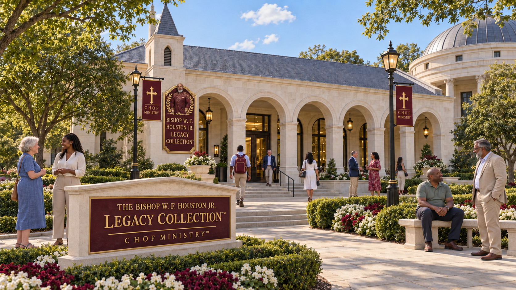 The Legacy Collection arched limestone hall with its enlarged portrait plaque, ministry banners, and visitors across generations