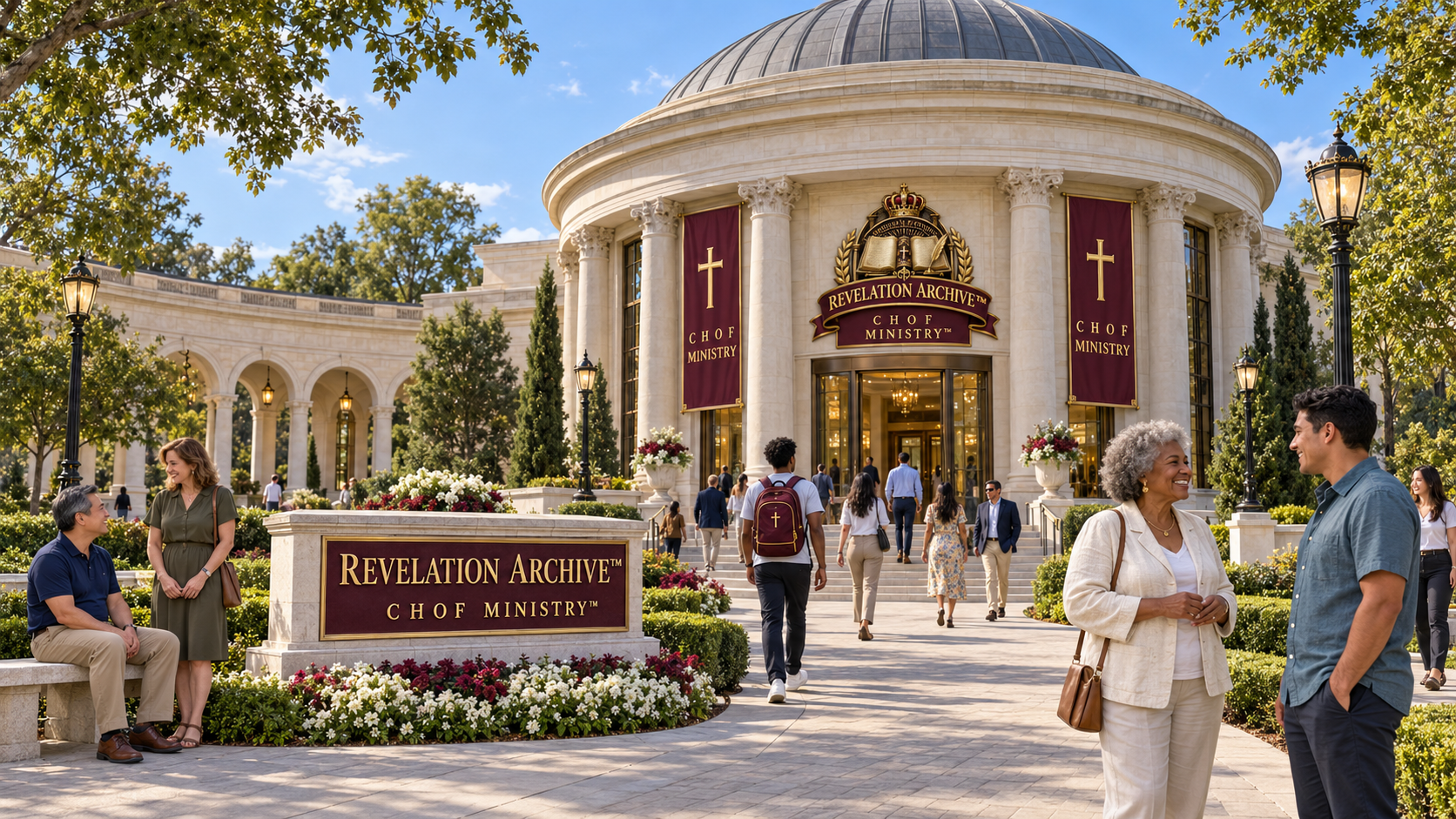 The domed Revelation Archive pavilion with its archive emblem, matching ministry banners, and visitors arriving and conversing