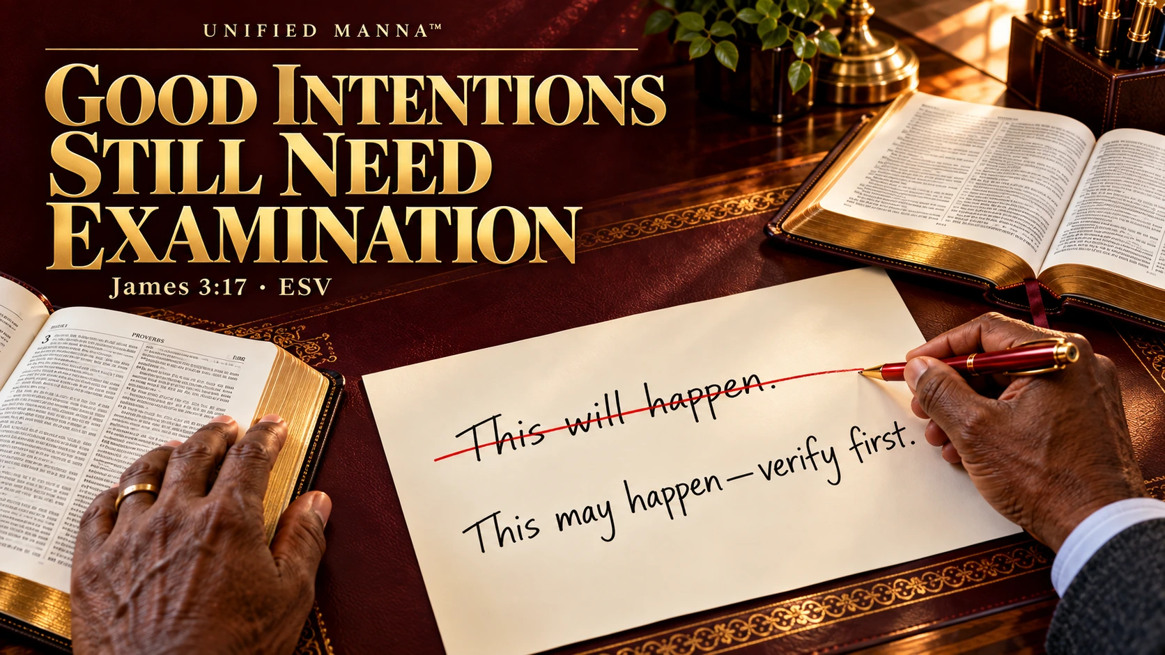 Good Intentions Still Need Examination — James 3:17 ESV. A writer corrects an overstated warning beside an open Bible, presented in rich burgundy and gold.