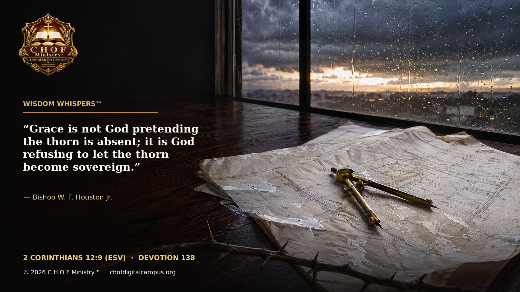 Rain-marked architectural plans and an open brass compass beside a thorned branch as first light breaks through retreating storm clouds