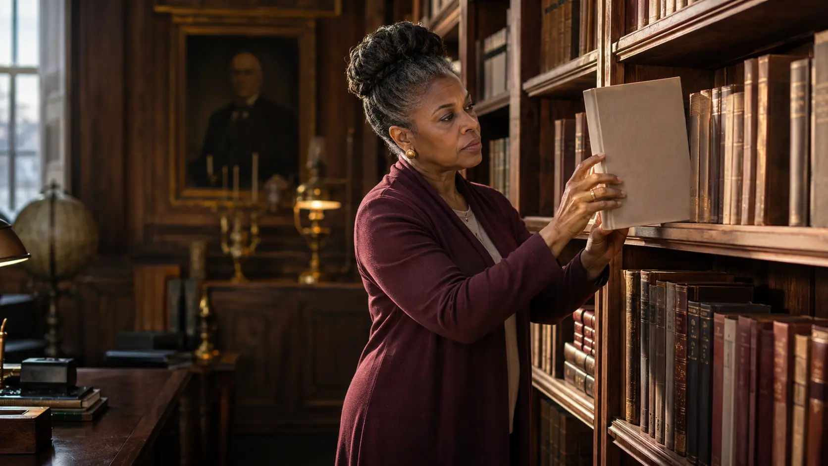 A mature woman deliberately searching the shelves of a theological library for wisdom