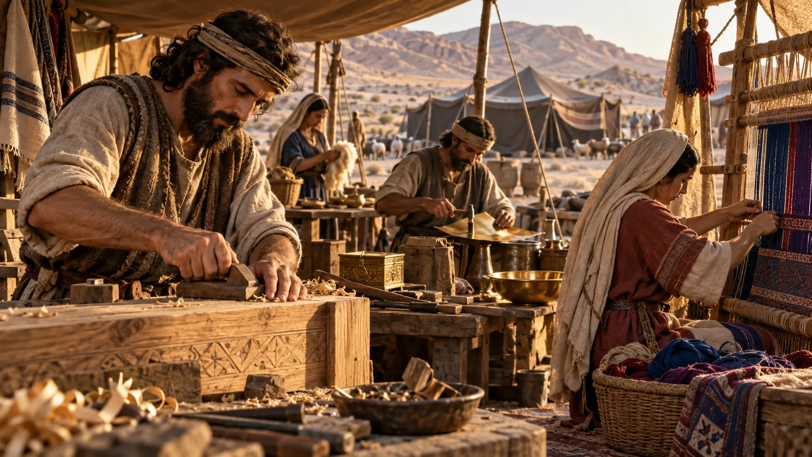 Illustration of craftspeople working with wood, metal, and textiles in an ancient wilderness workshop.