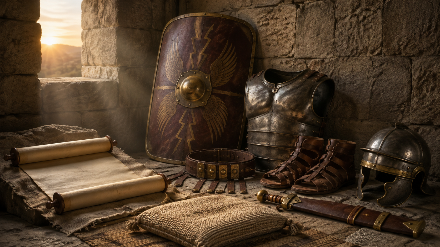 First-century defensive armor beside an open scroll and prayer place in an ancient stone room