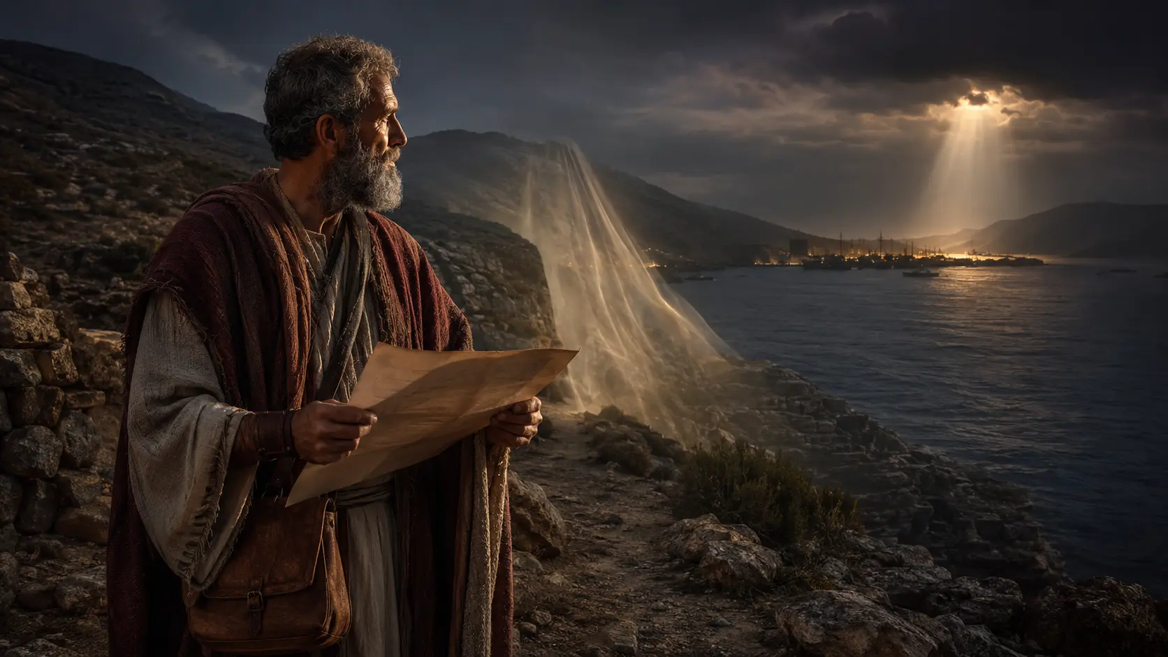 An apostolic traveler redirected from a blocked route toward a distant Macedonian harbor