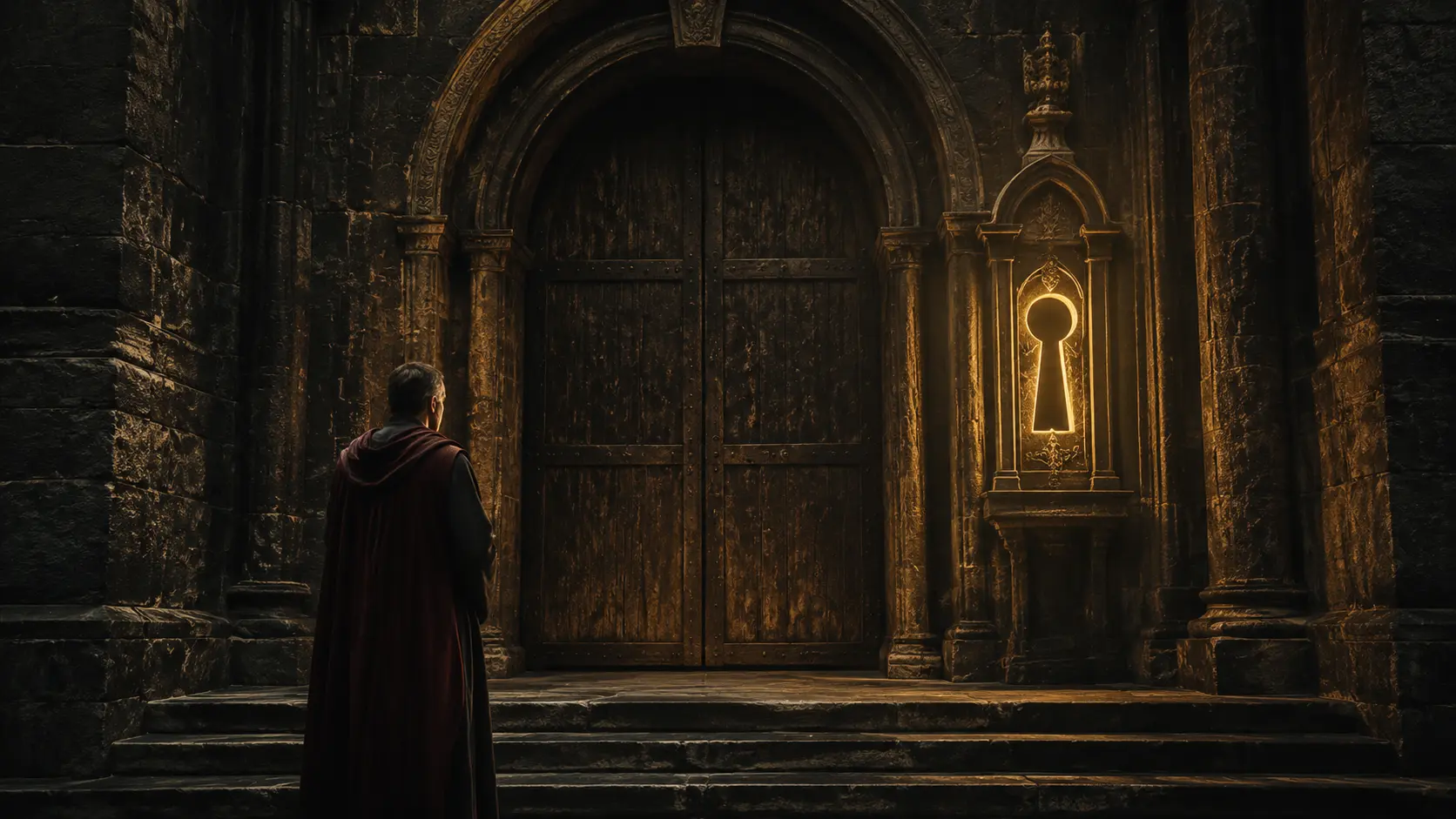 A composed figure standing before a monumental closed door beside a glowing keyhole