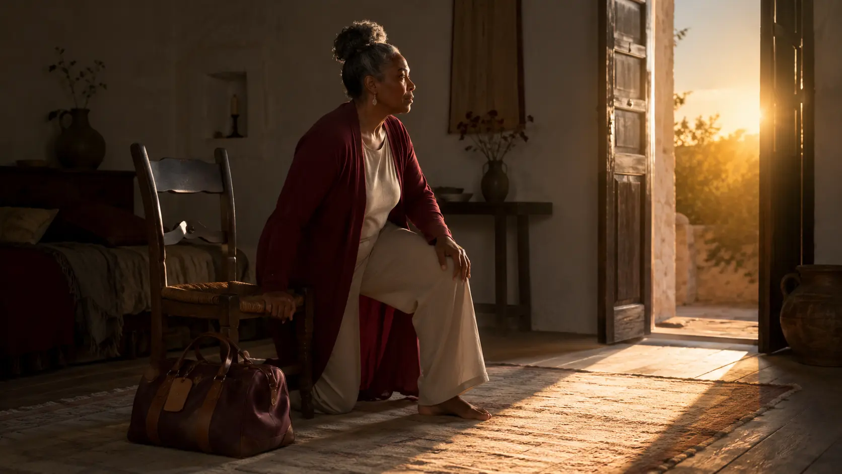 A mature woman rising from prayer beside a prepared travel bag and an open dawn doorway