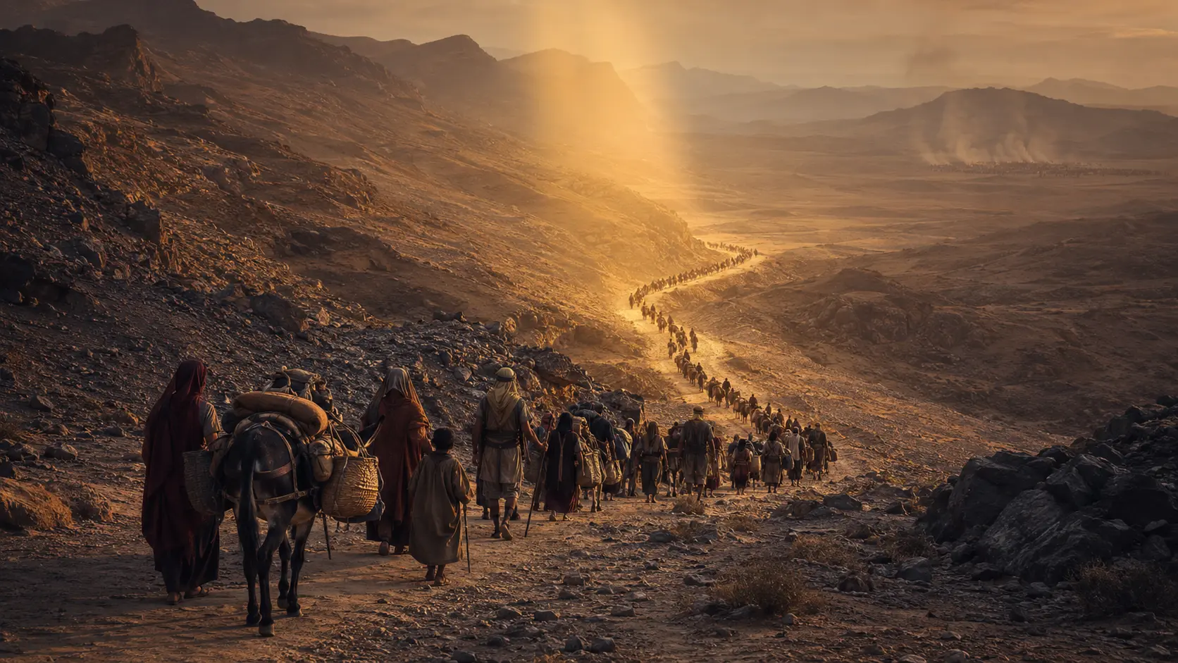 An Israelite caravan following a protected curved path through the wilderness