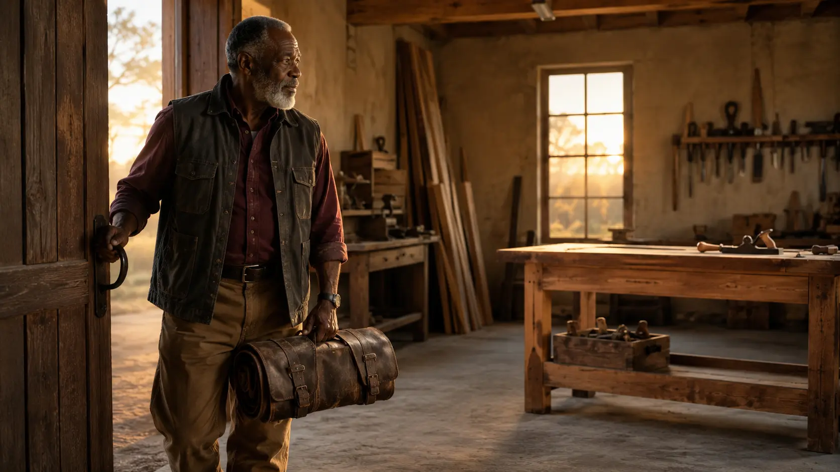 An experienced craftsman entering a new workshop with his well-worn tools