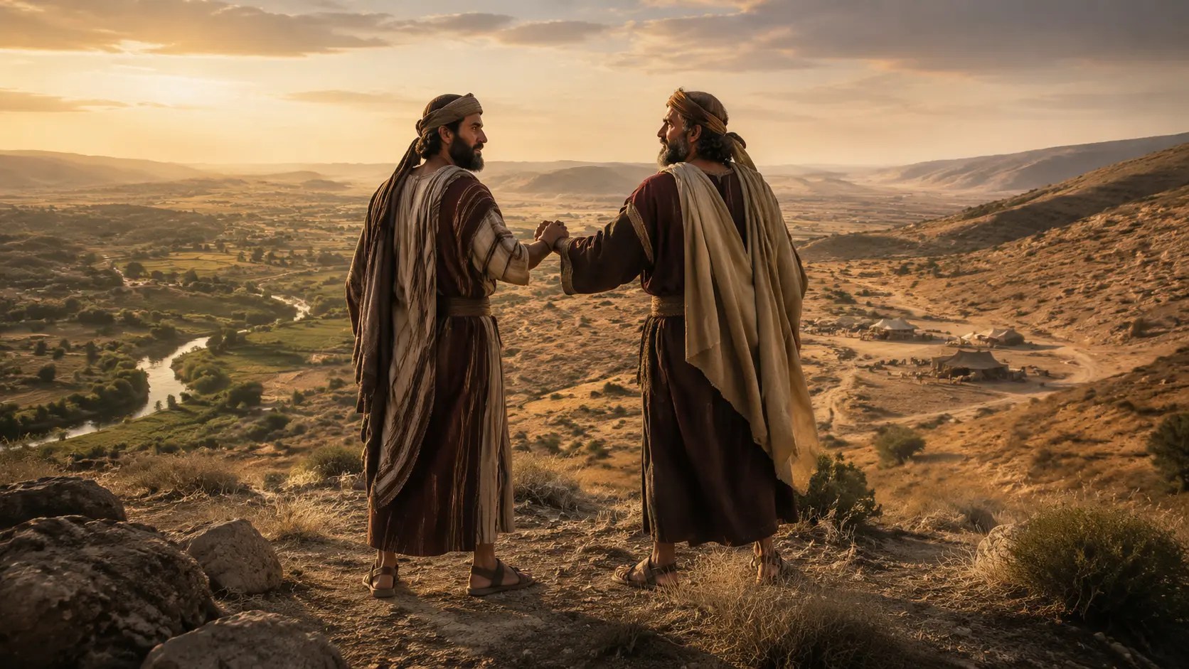 Two dignified men parting peacefully toward different valleys