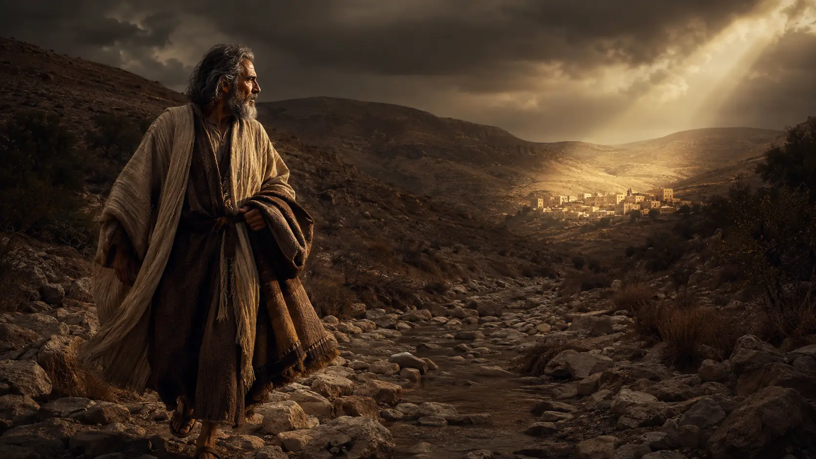 Elijah leaving the dried brook Cherith for a distant village illuminated by light