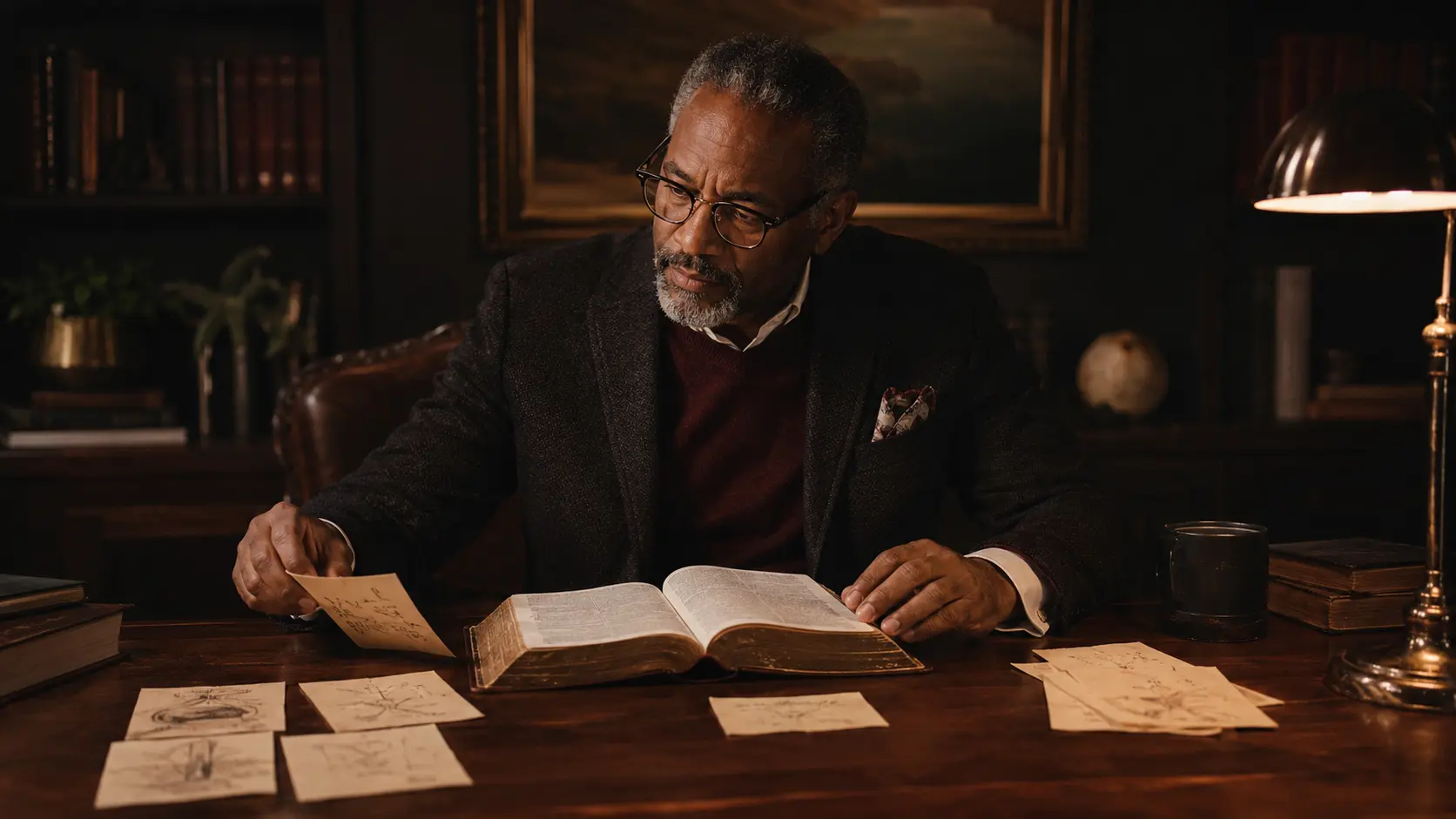 A mature scholar testing several impressions beside an open Bible