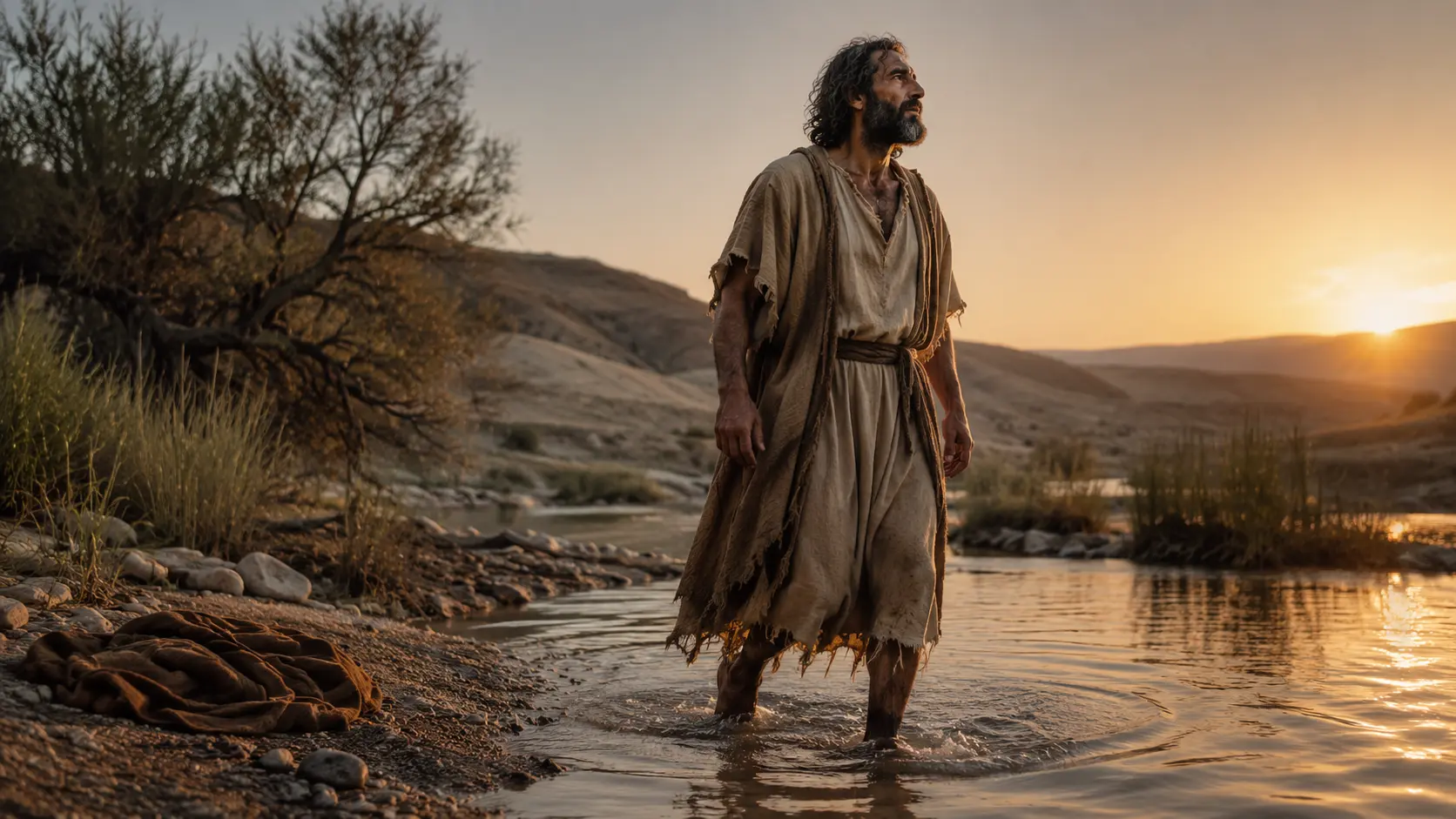 A transformed traveler crossing the Jabbok at dawn and leaving his old garment behind