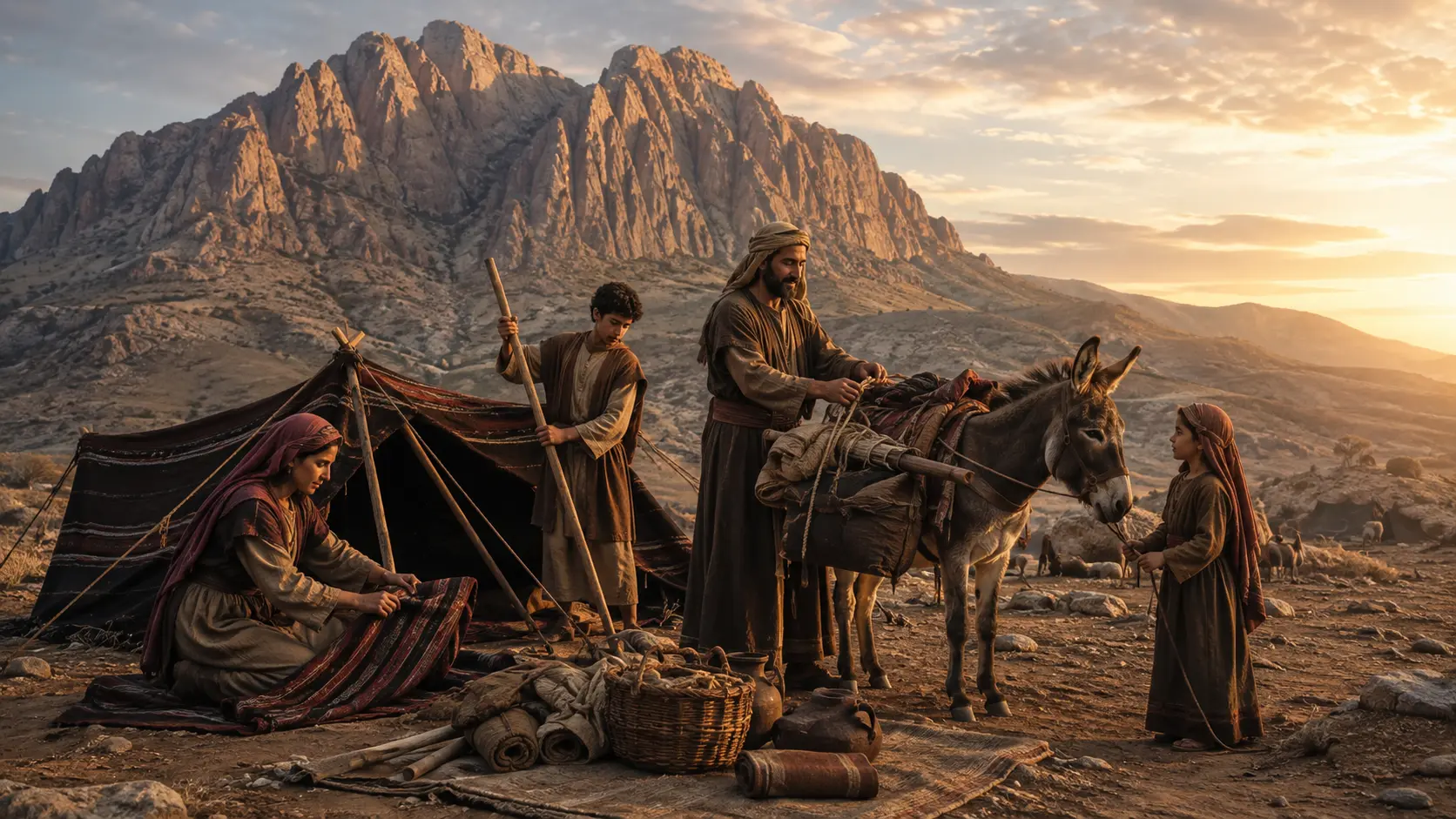 An ancient family dismantling its tent beneath a sacred mountain