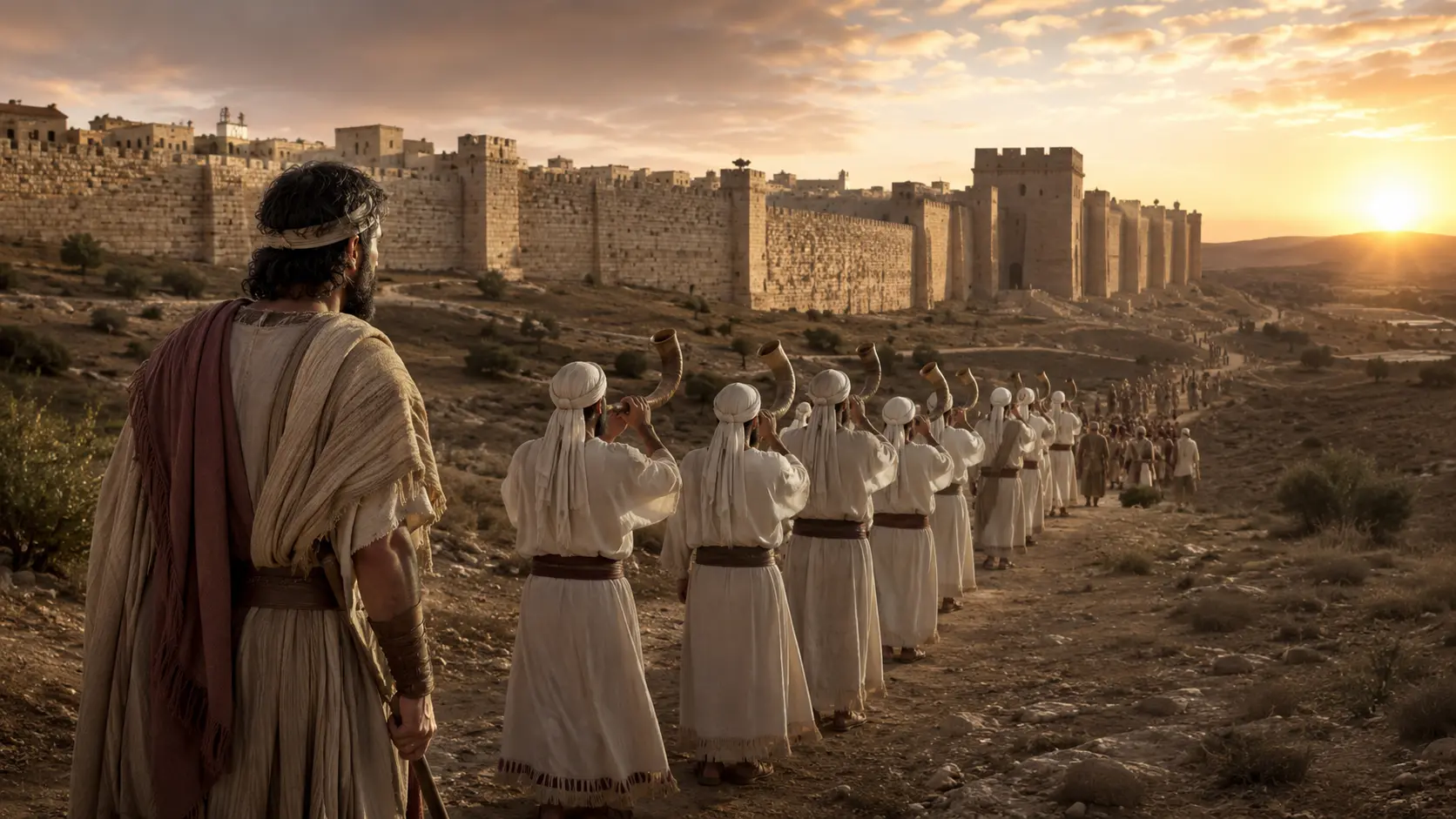 Joshua watching priests lead an unconventional procession toward Jericho