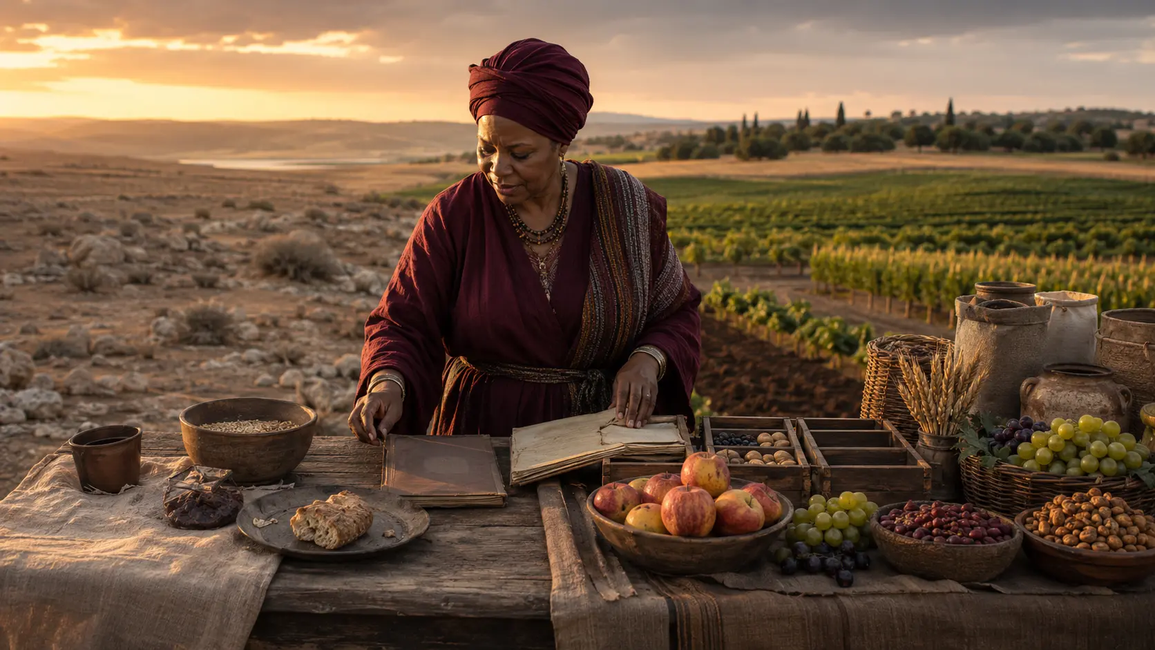 A woman carefully stewarding provisions as barren ground gives way to cultivated fields