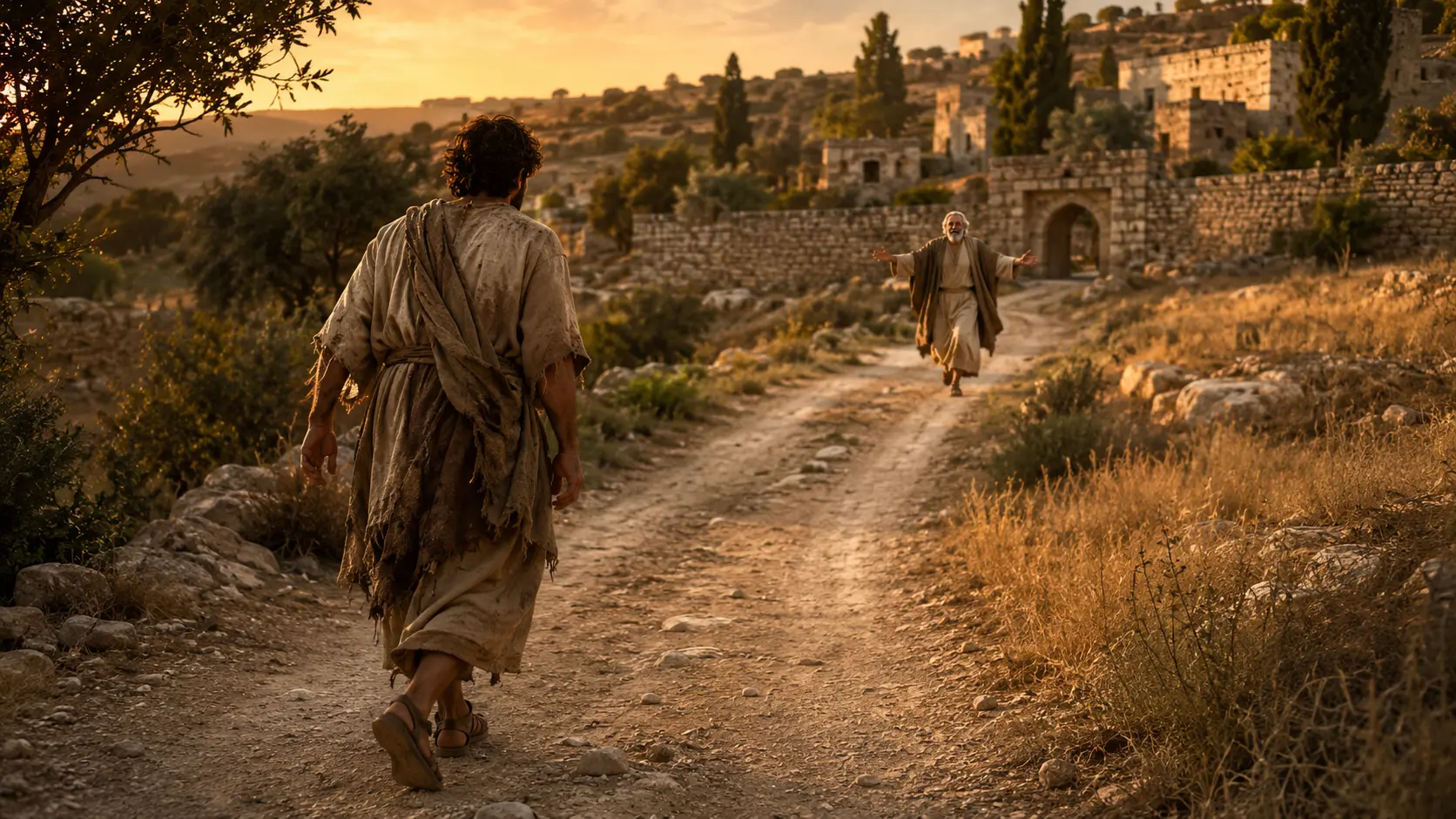 A returning child walking home as his father runs from the gate with open arms
