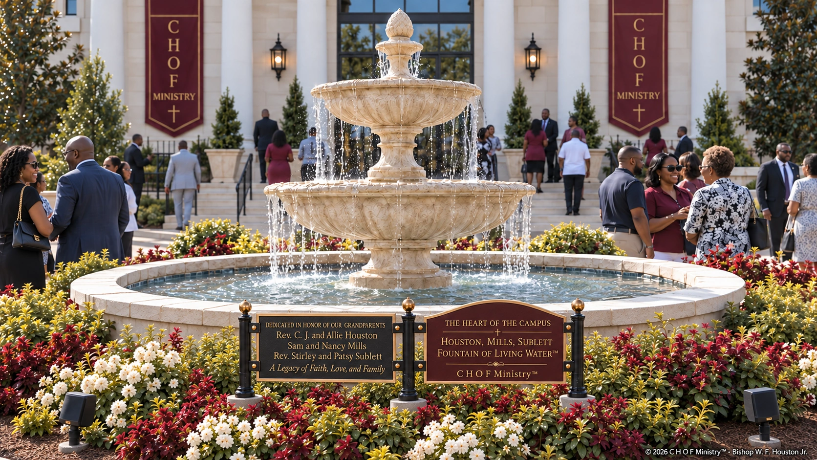 Houston, Mills, Sublett Fountain of Living Water™ with both dedication plaques mounted on three posts, honoring Rev. C. J. and Allie Houston, Sam and Nancy Mills, and Rev. Stirley and Patsy Sublett.