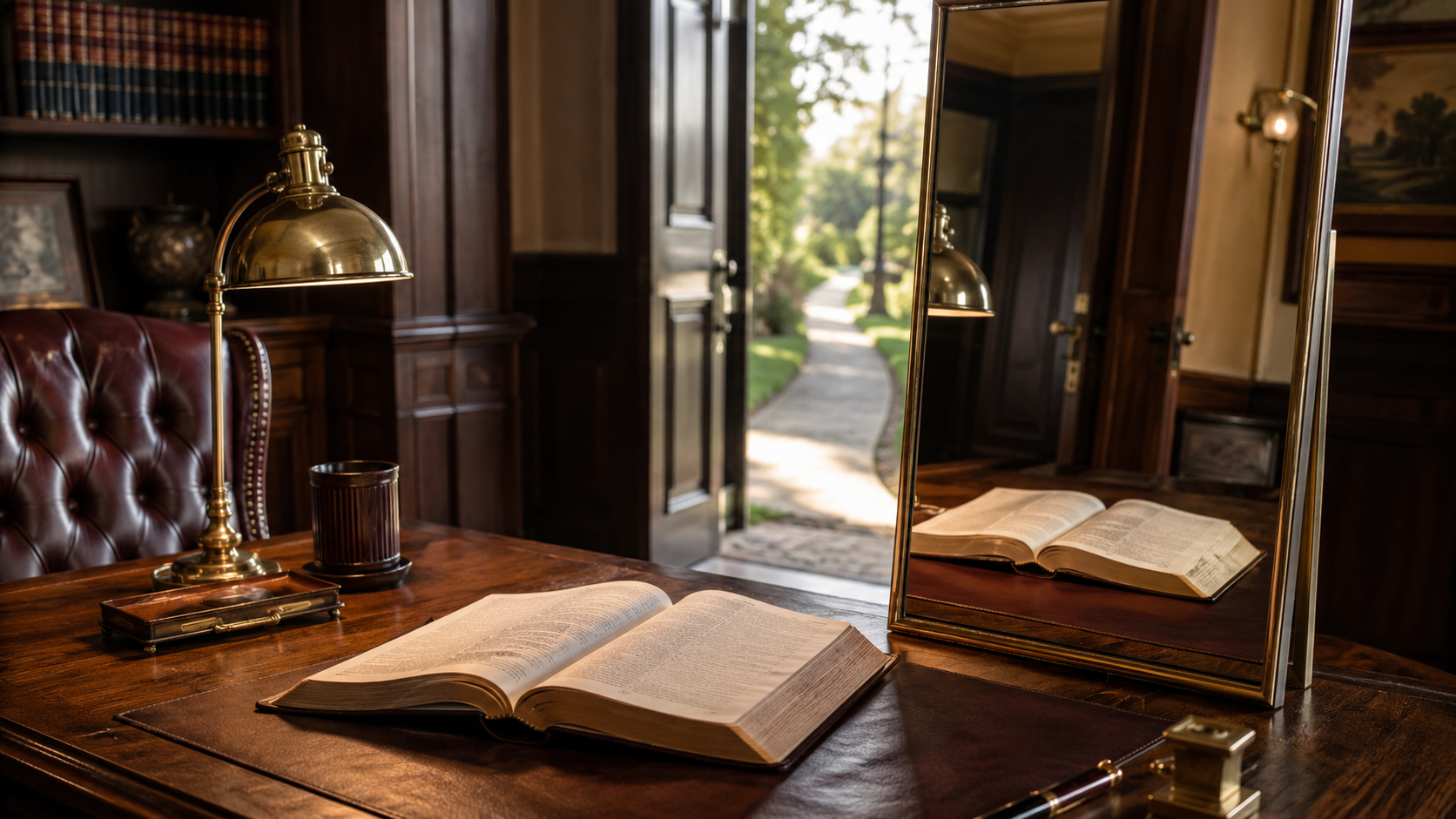 An open Bible beside a clear mirror in a distinguished theological study, illustrating James 1:22–25