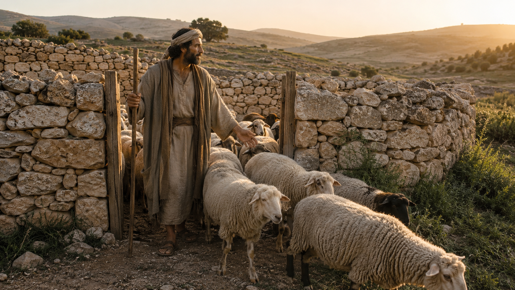 A first-century shepherd protecting sheep at the open gate of a stone sheepfold at dawn