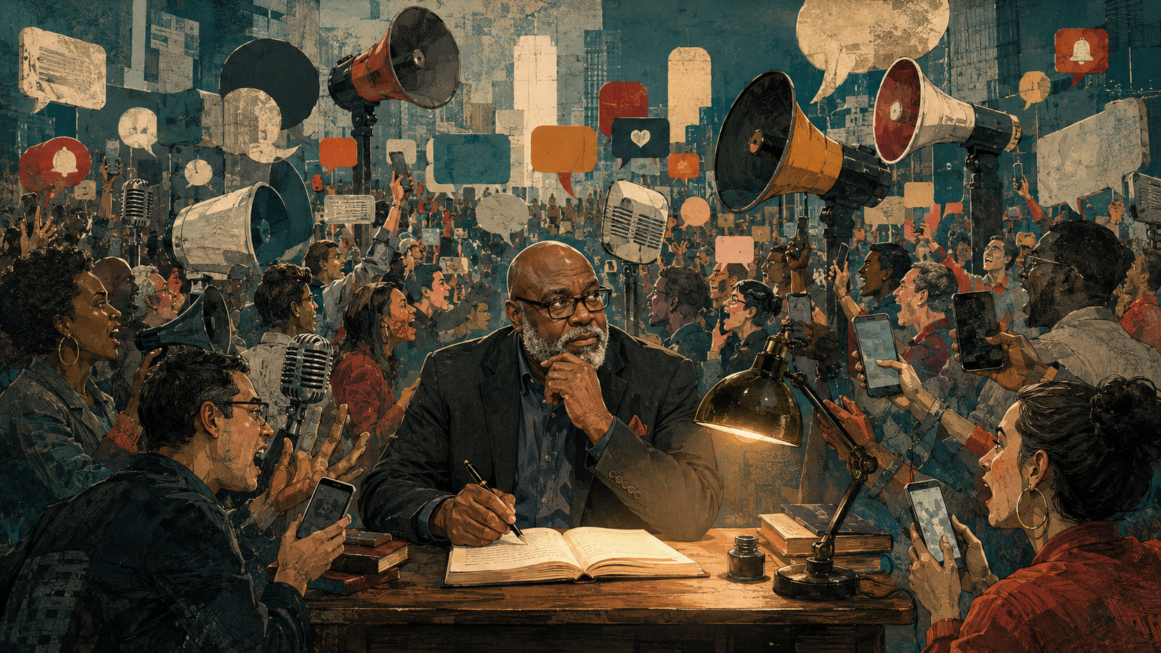 A distinguished older Black thinker sits calmly at a writing desk while a noisy crowd surrounds him with phones, microphones, speech bubbles, and oversized megaphones.