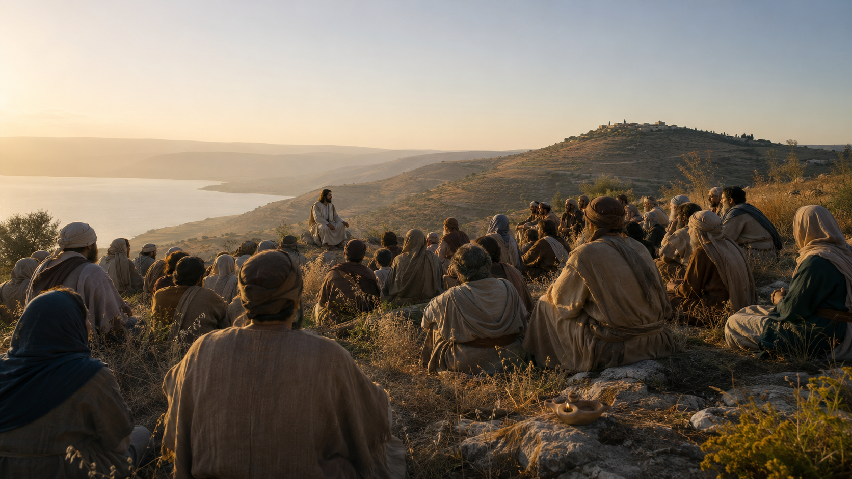 Jesus teaching disciples and a gathered crowd on a first-century hillside at dawn